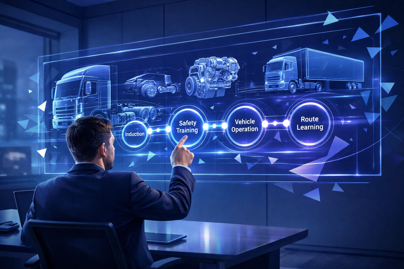 Modern digital interface showing HGV driver induction and logistics training modules.