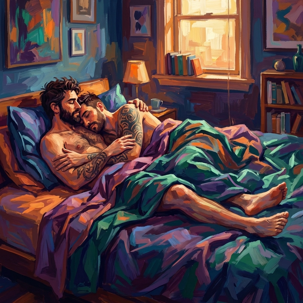 Artistic illustration of two men tangled in sheets, representing intimacy in MM romance stories.