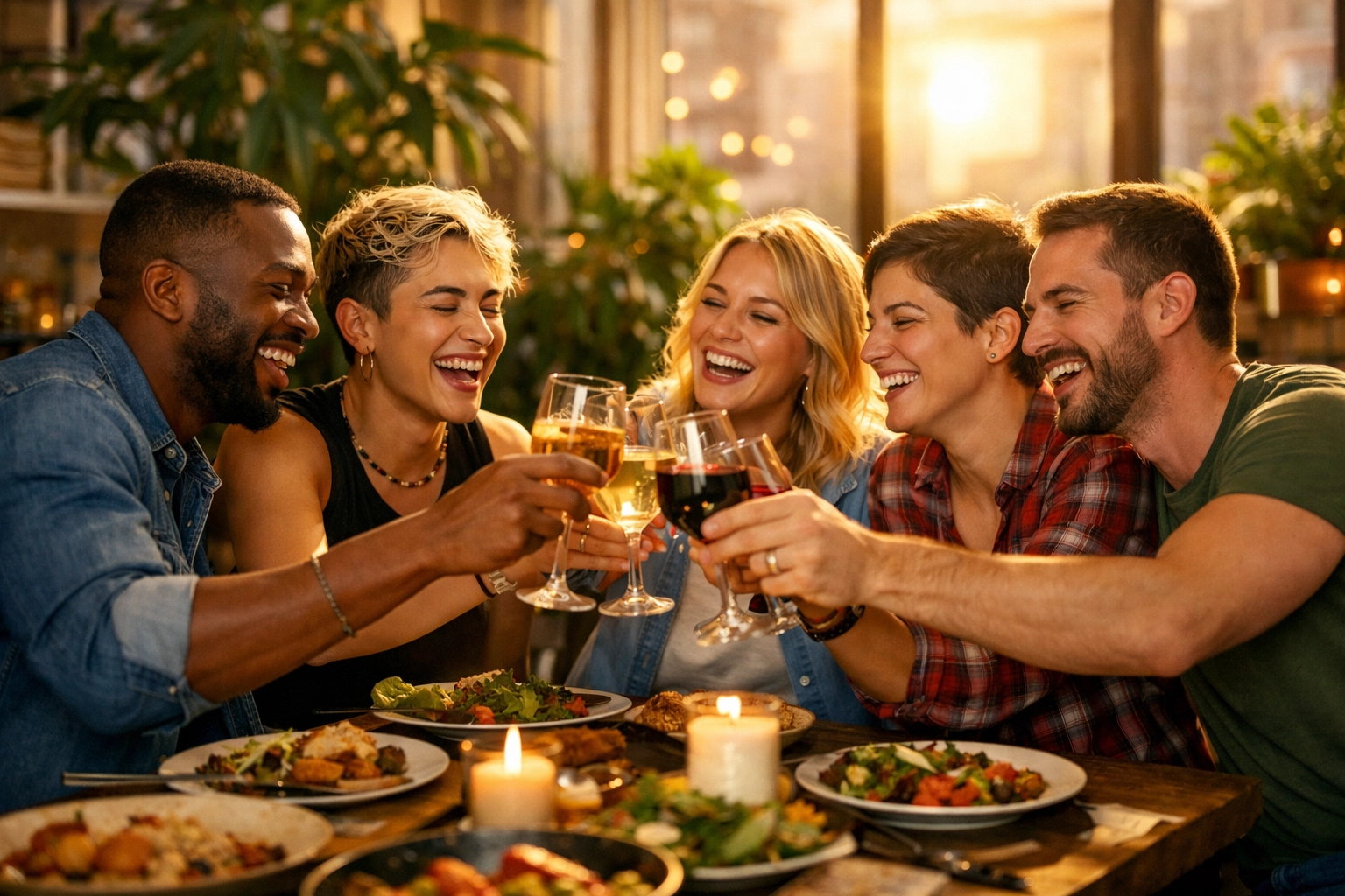A diverse LGBTQ+ chosen family laughing at a dinner table, representing queer philosophy and identity.