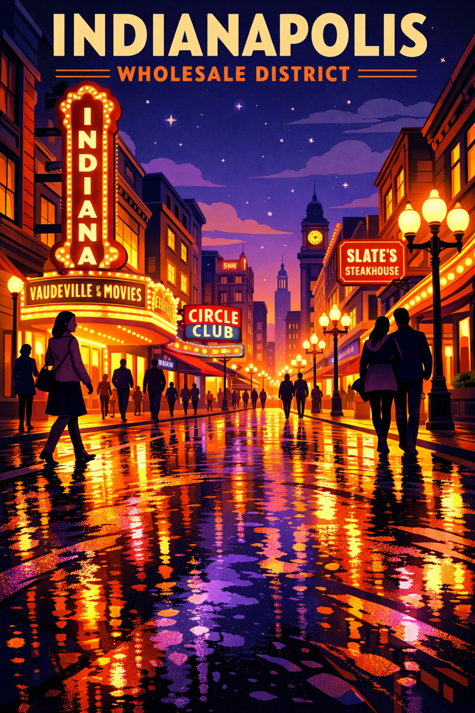 Pedestrians walk through the glowing neon streets of the Indianapolis Wholesale District at night.