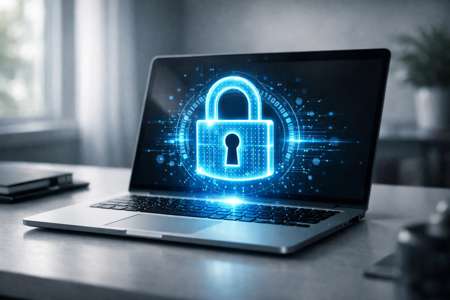 Laptop with digital security lock representing data protection for virtual paralegal services