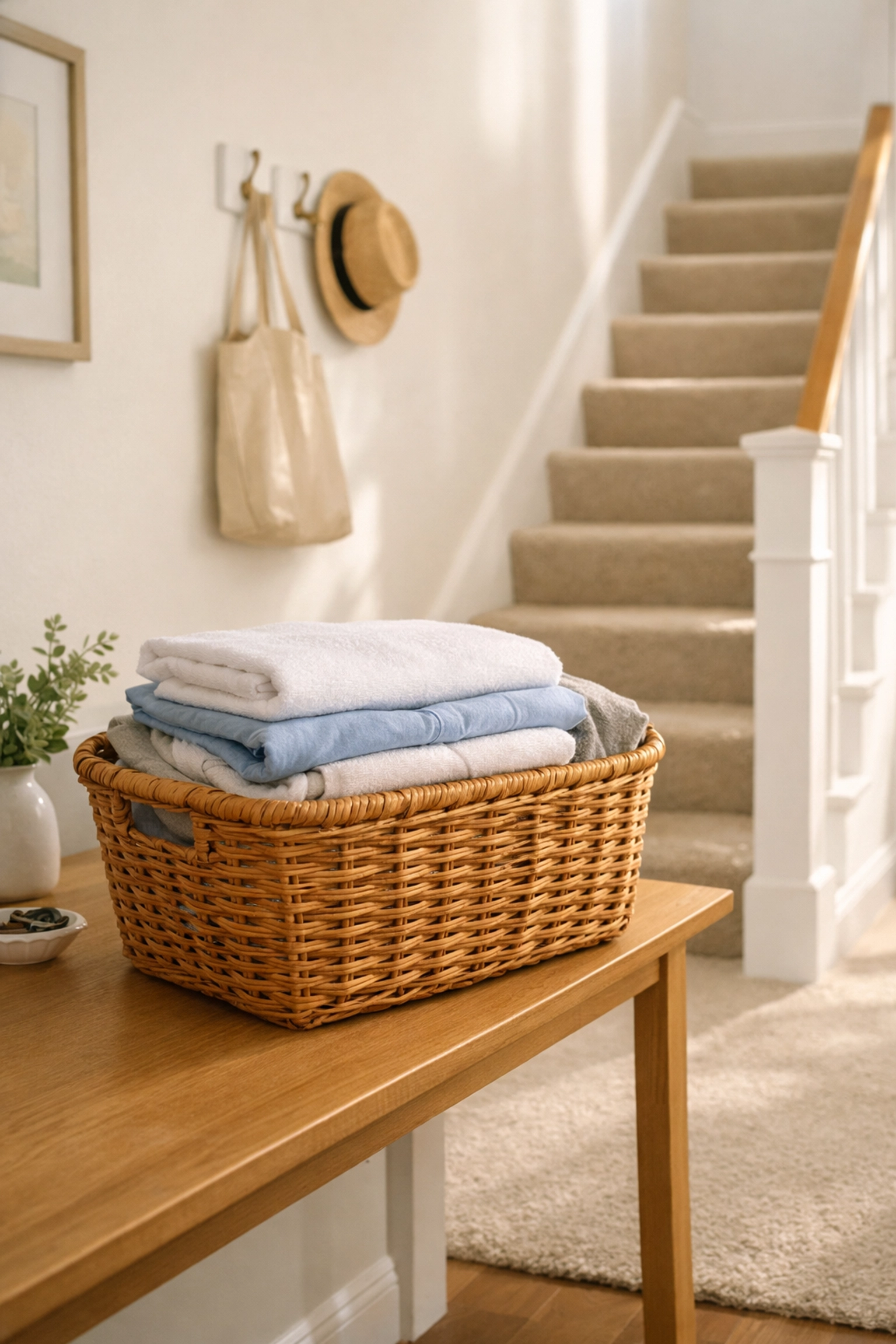 A clean, clutter-free staircase with a laundry basket placed on a side table to avoid tripping hazards.