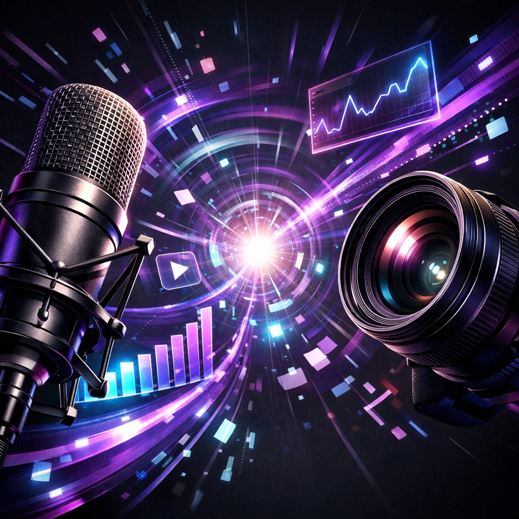 Multimedia elements including video and audio gear illustrating a modern content marketing strategy