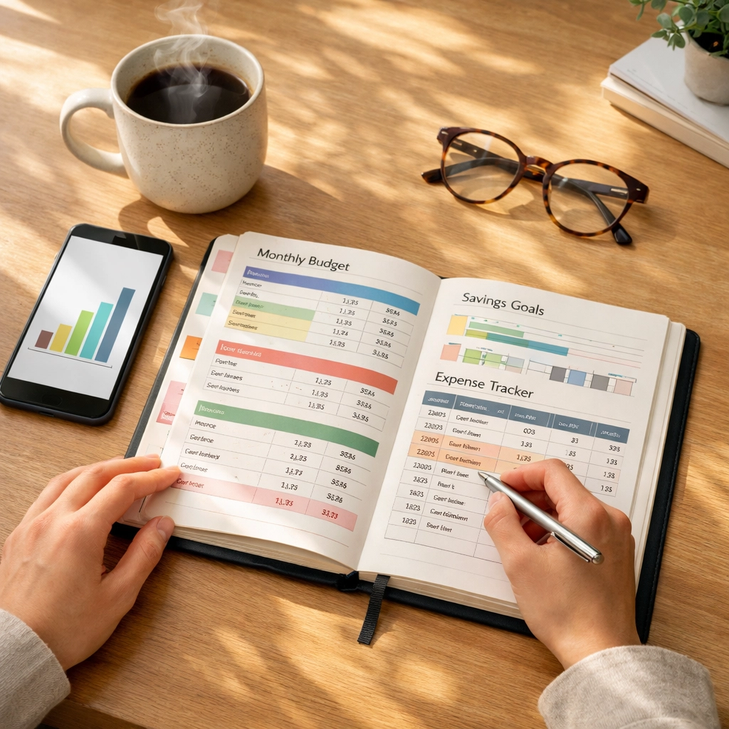 Person tracking spending and budget leaks using a planner and smartphone app at a bright desk.