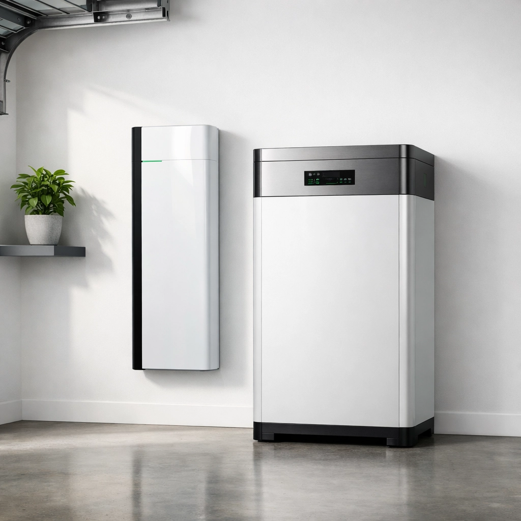 Tesla Powerwall 3 and GivEnergy All-In-One battery systems installed in a modern Bournemouth home garage.