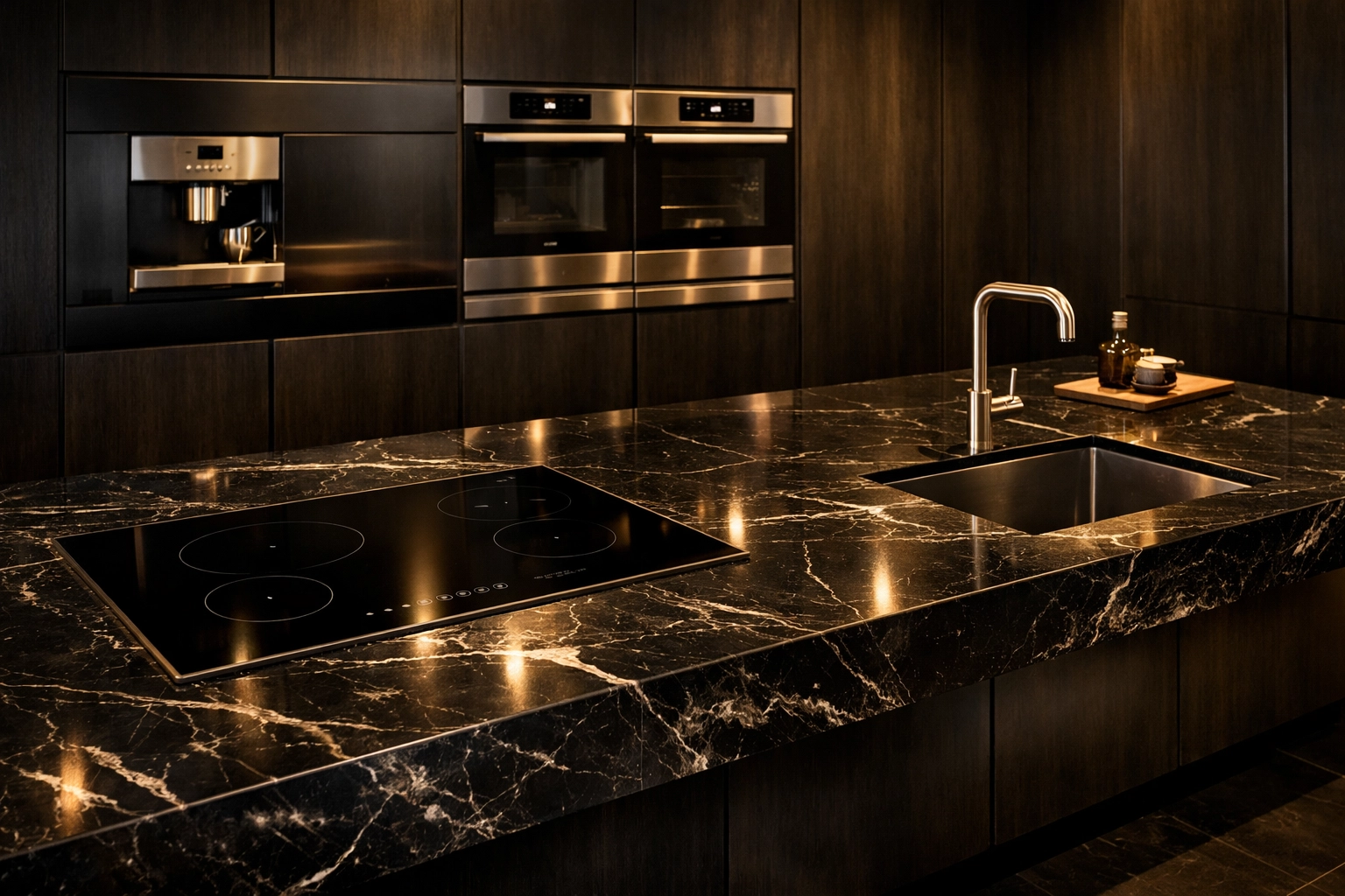 Modern kitchen island with marble top and induction hob illustrating a compact working triangle layout.