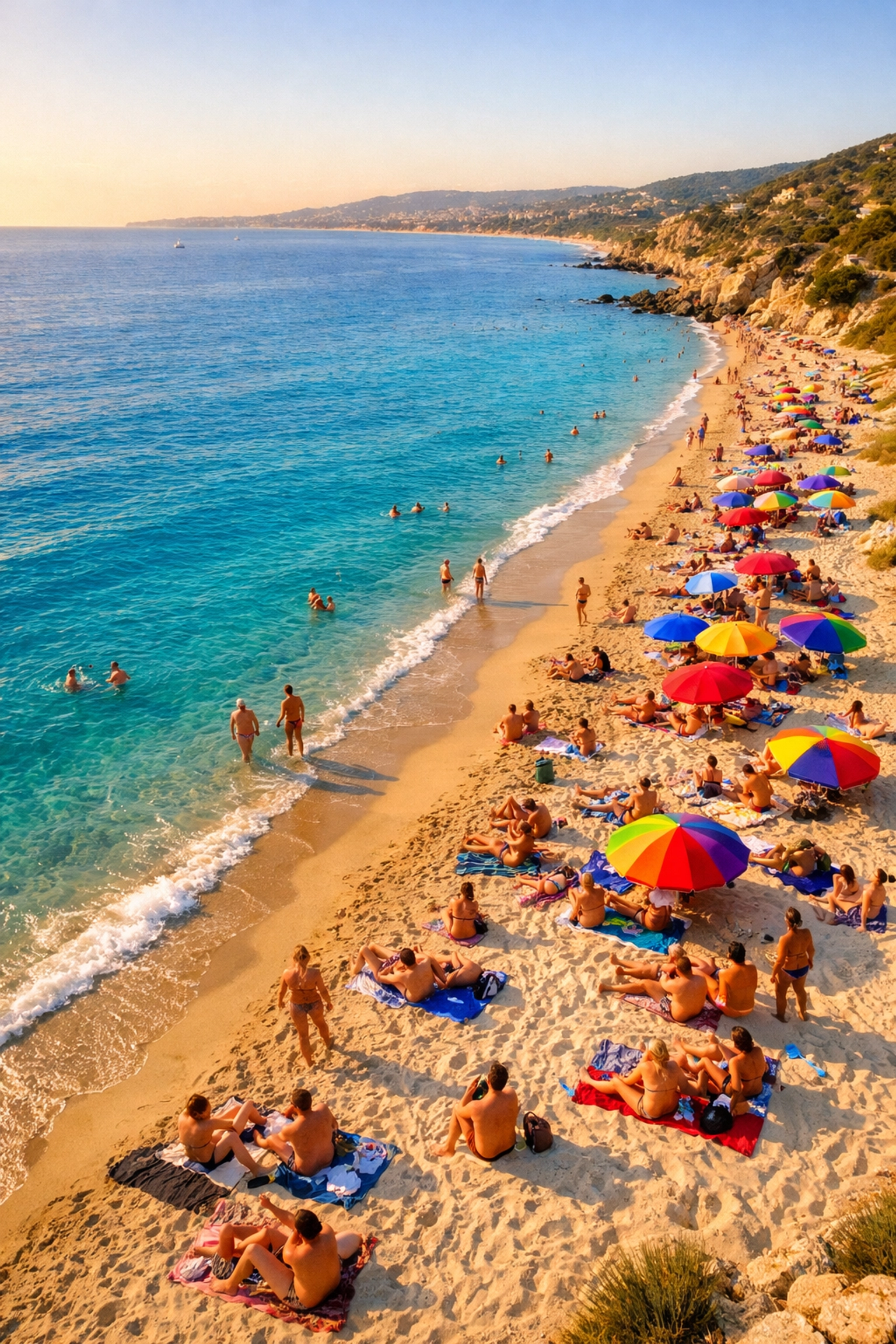 Cap d'Agde naturist beach on French Mediterranean coast with LGBTQ+ sunbathers and umbrellas