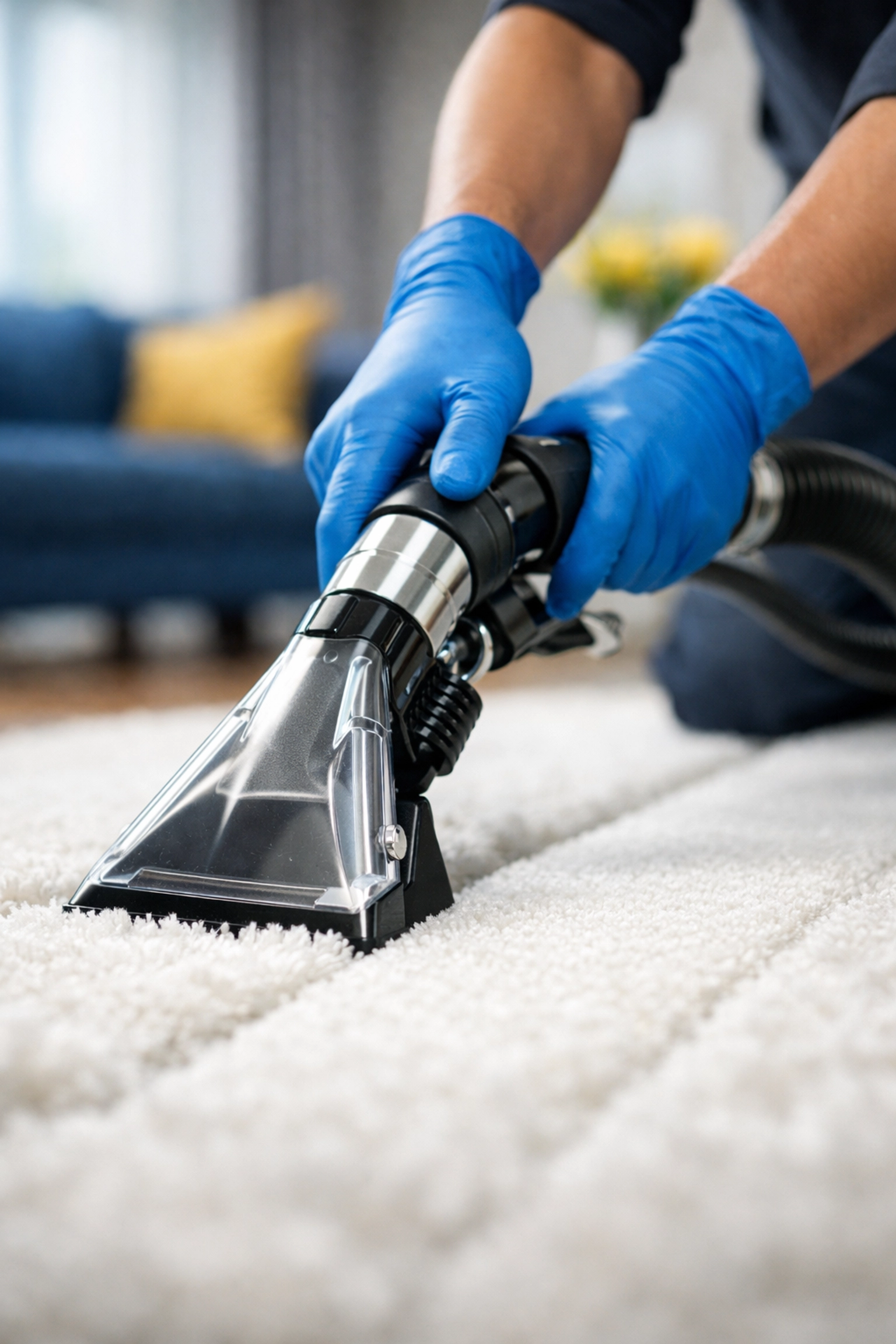 Professional cleaner vacuuming a rug with efficient technique for weekly house cleaning in Franklin.