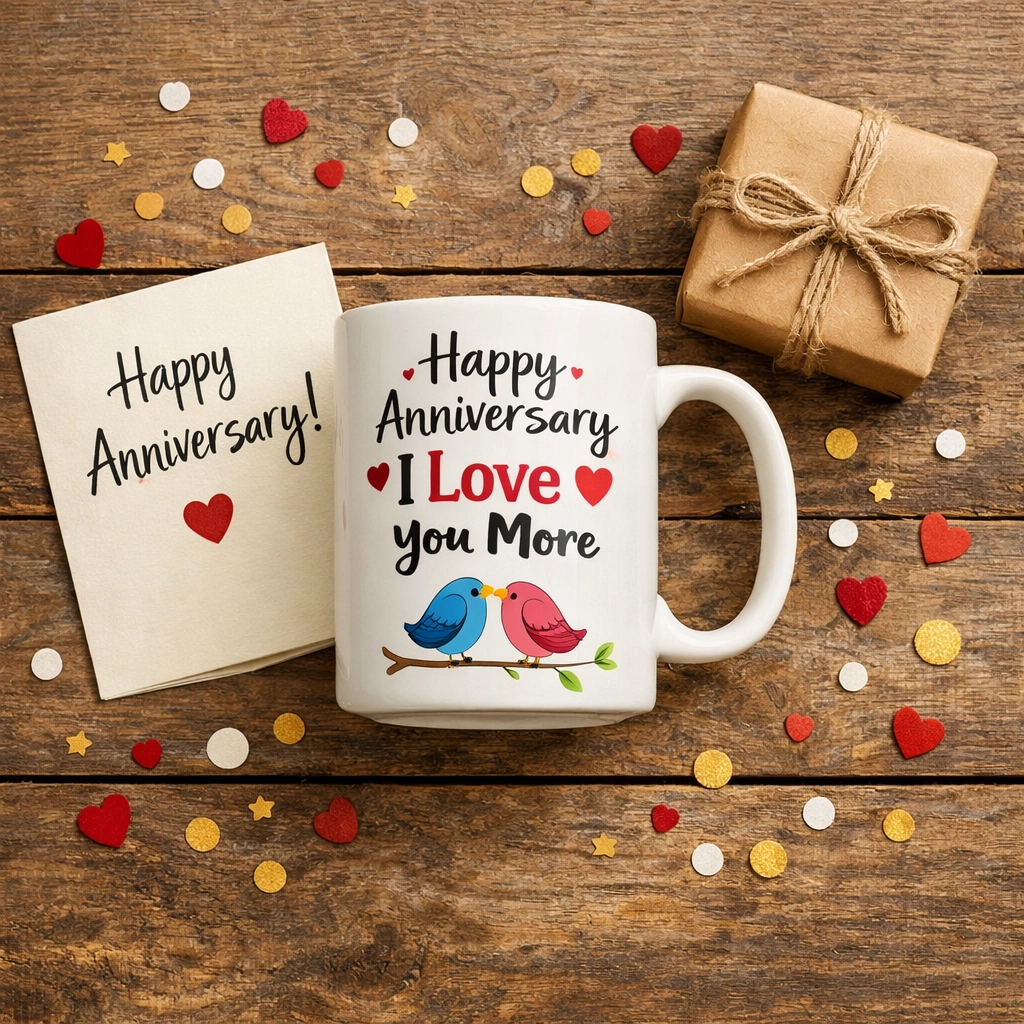 Anniversary gift set featuring funny mug with card and wrapped present
