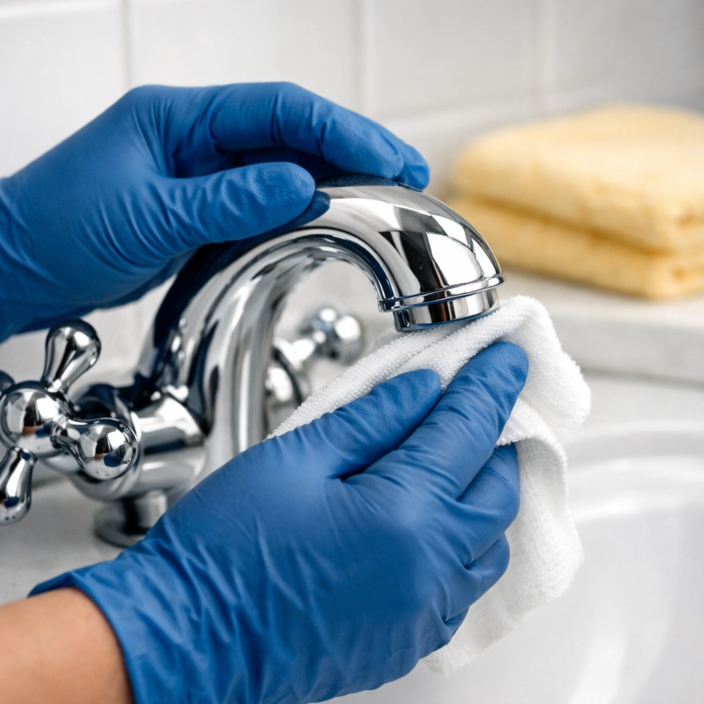 Detailed bathroom cleaning in Williamstown featuring professional polishing of chrome fixtures.