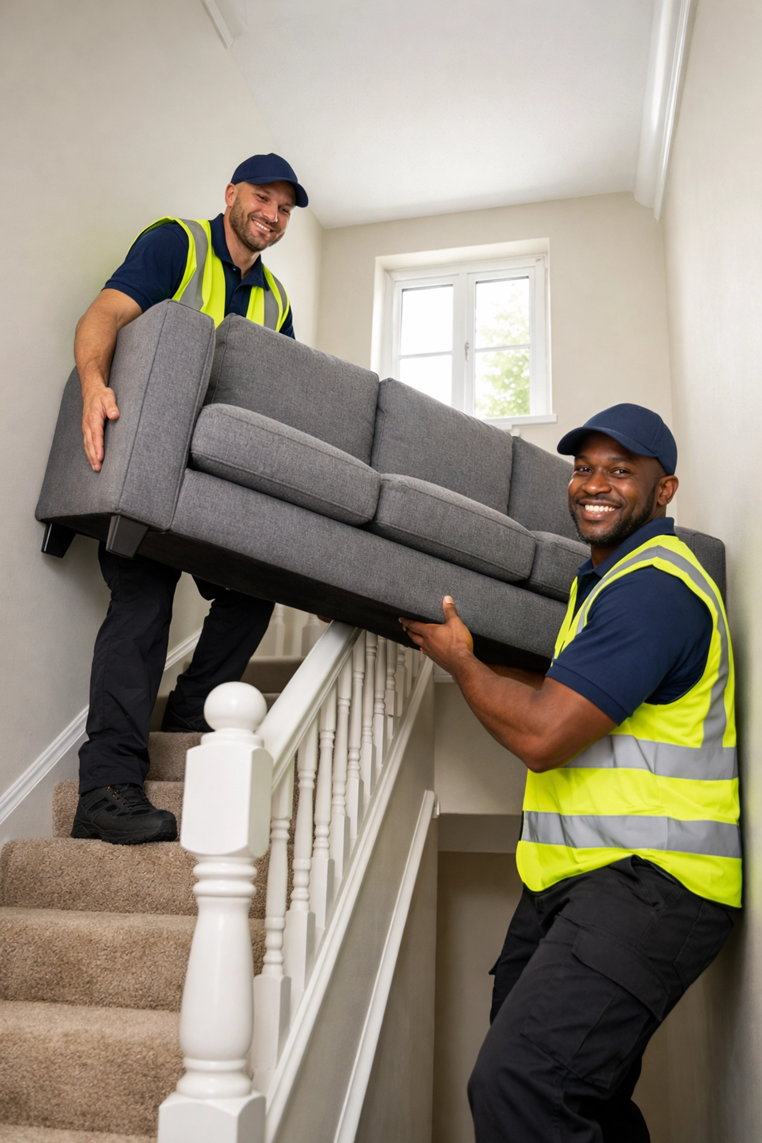 Professional furniture removal workers carrying sofa down stairs in Northamptonshire