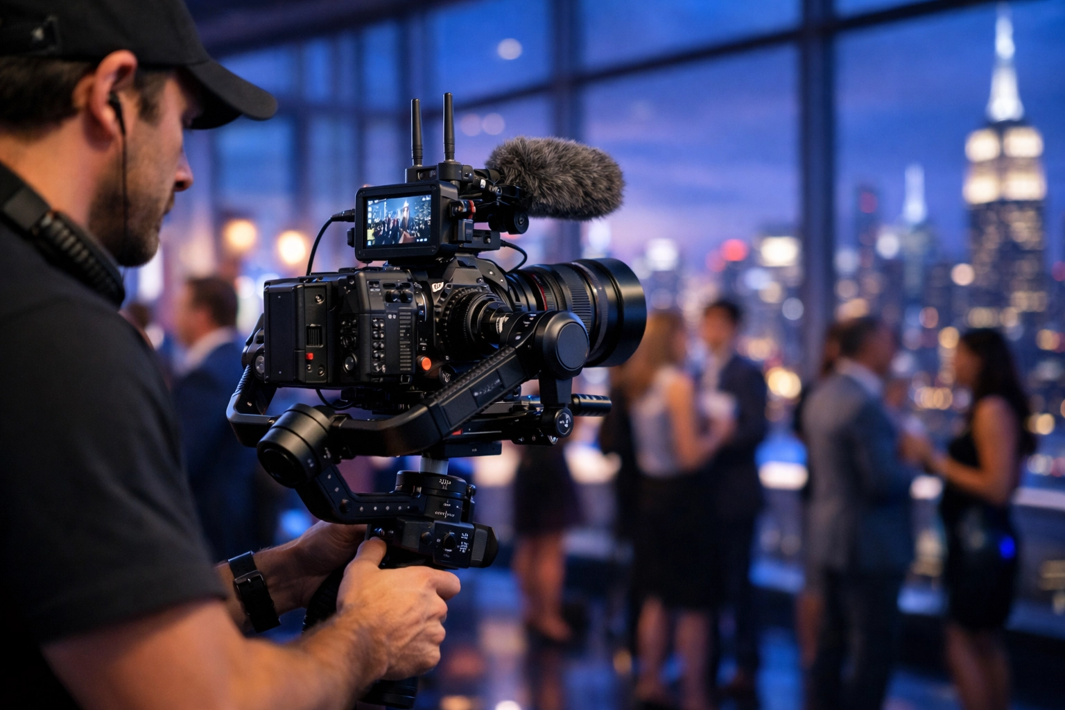 Event video production team filming professional networking at an NYC business conference.