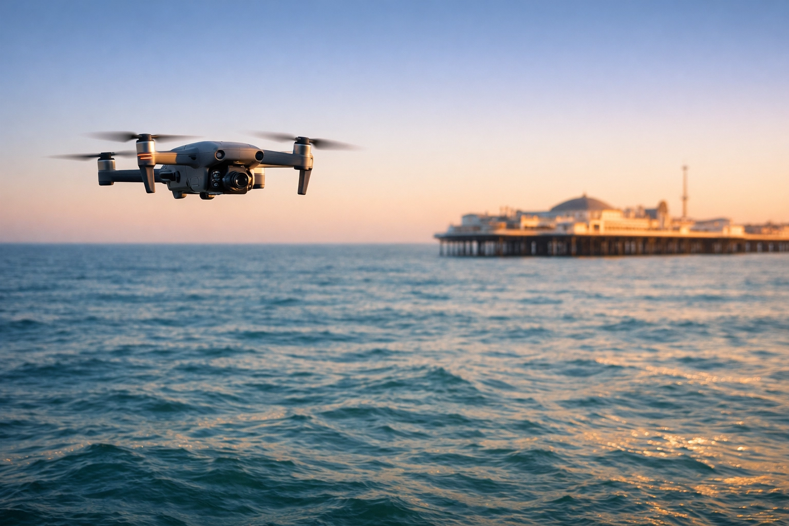 Drone ash scattering service over Brighton Beach with Palace Pier in background