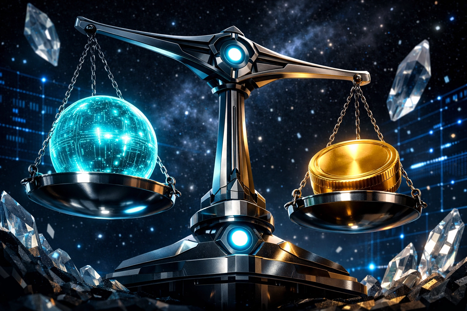 A digital scale balancing a gold coin and digital asset, representing Larecoin stablecoin stability.