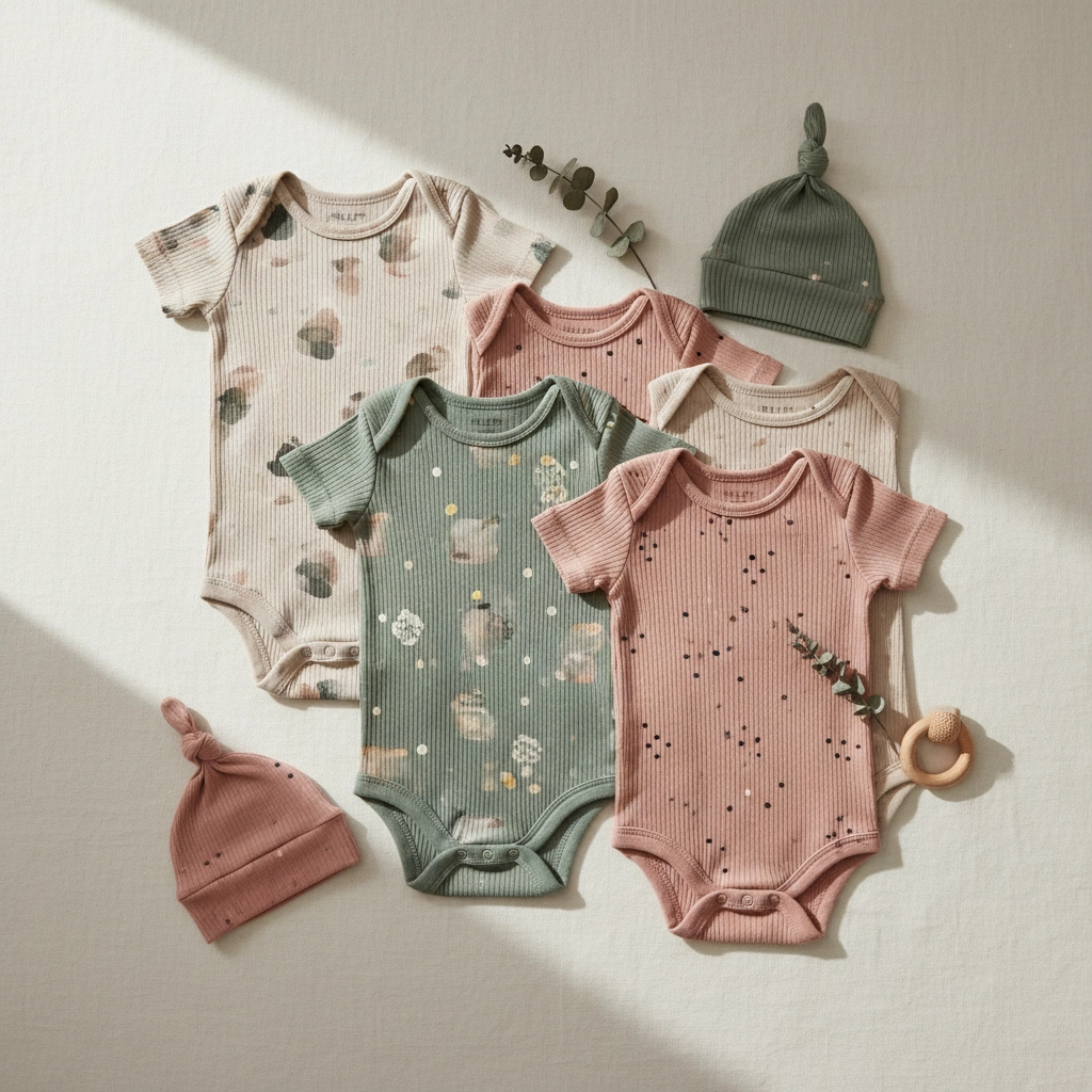 Earth-toned cotton baby clothes on hangers, representing modern gender-neutral fashion trends