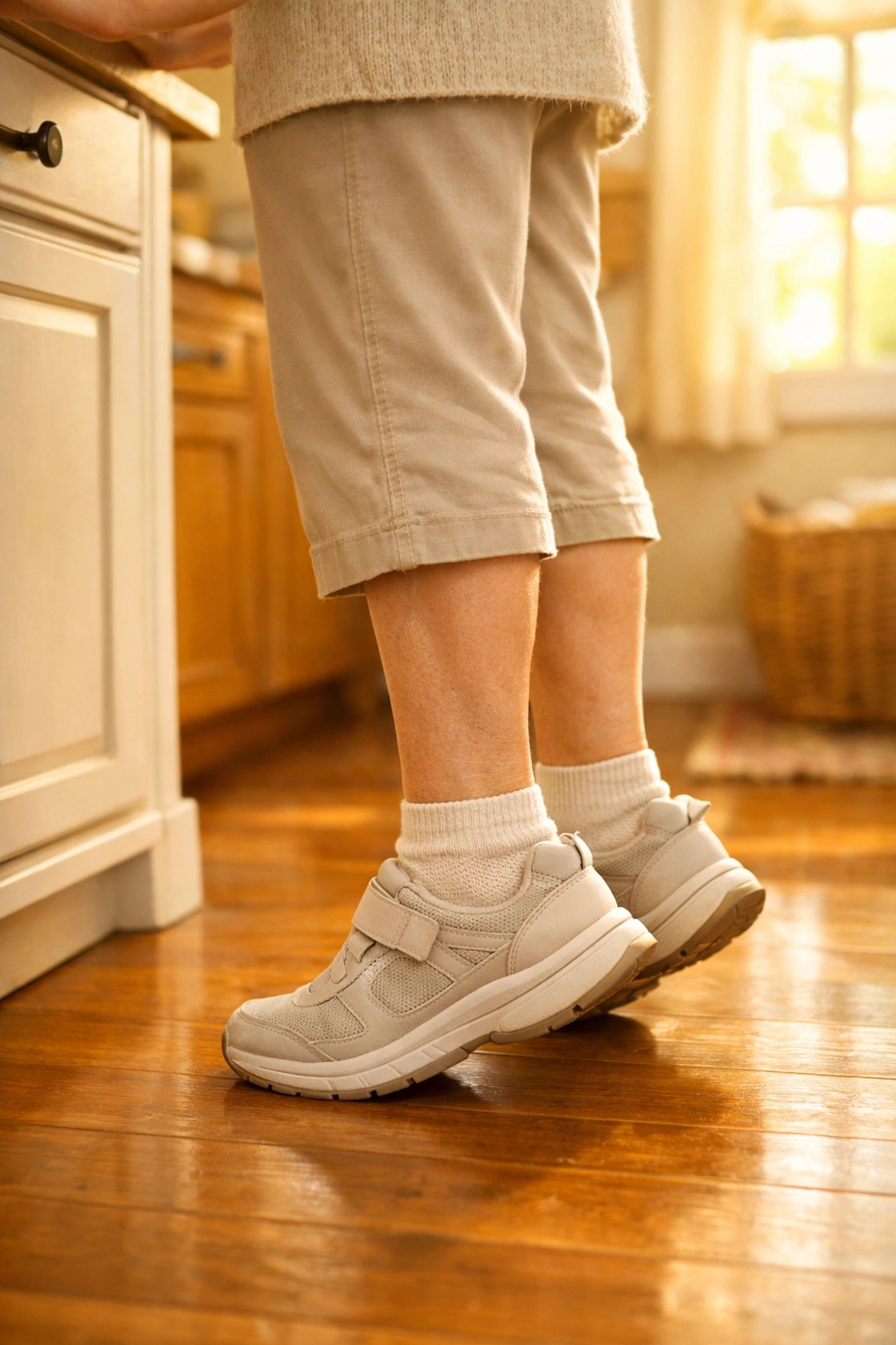 Senior woman performing calf raise exercise at kitchen counter to strengthen ankles for better balance