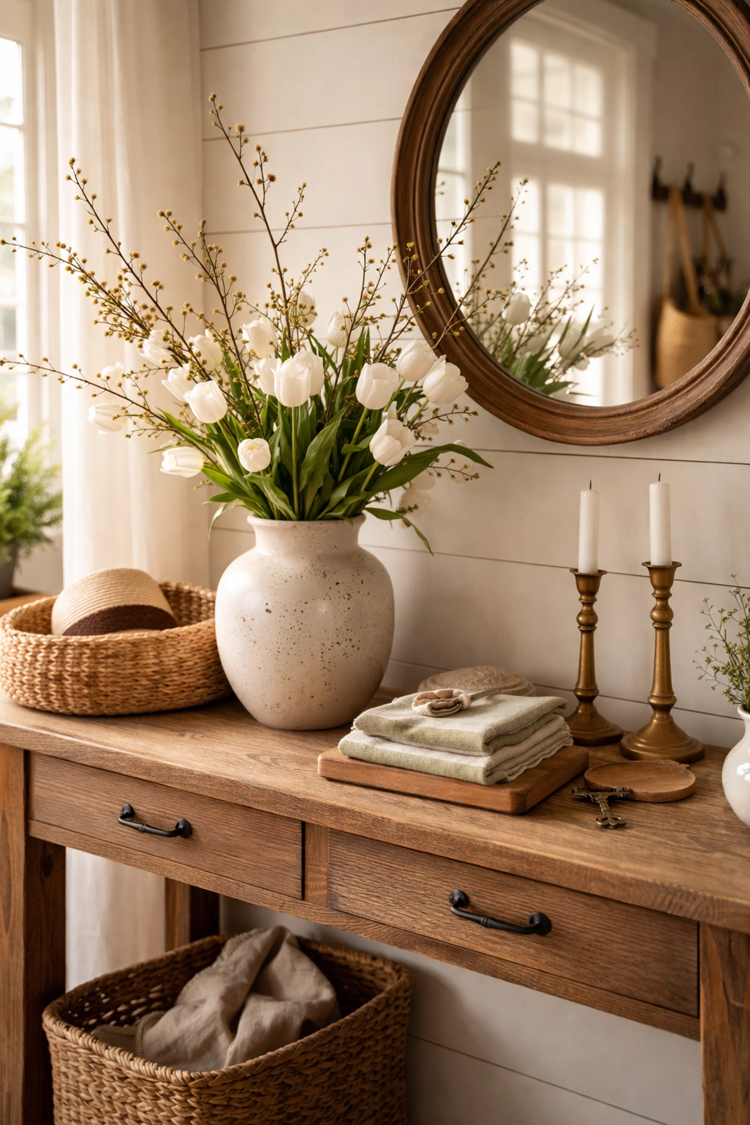 Farmhouse entry console with handcrafted vase and spring flowers, styled as a curated focal point for spring home decor