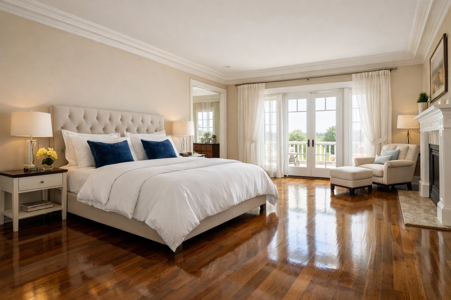 A serene Dover estate bedroom perfectly maintained with residential cleaning Massachusetts.