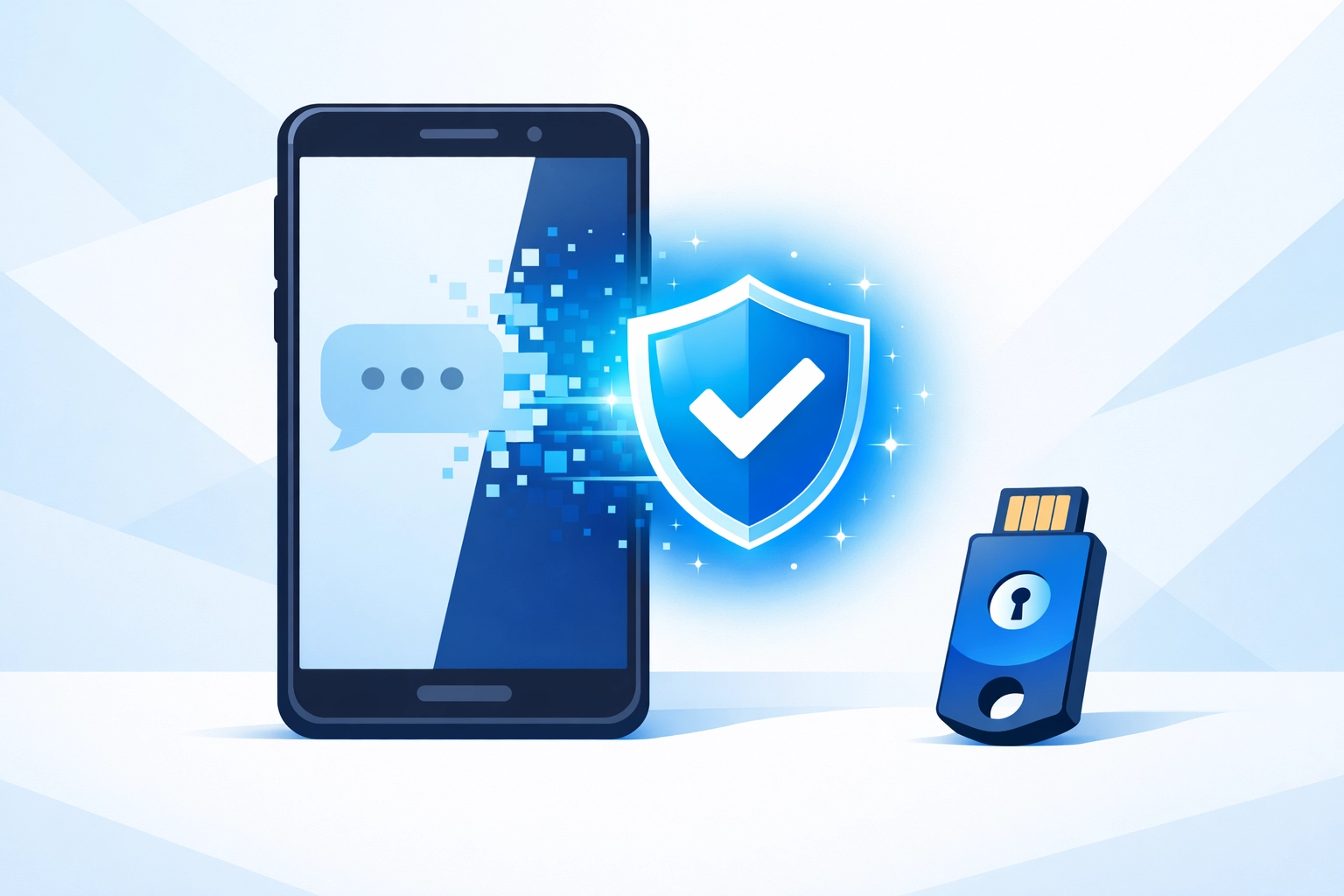 Vector illustration of a physical security key and smartphone with a secure MFA shield icon.