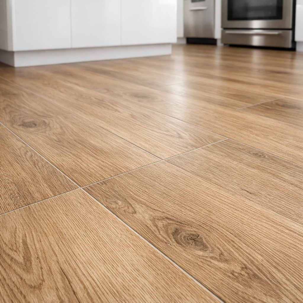 Close-up of matte wood-look porcelain tile installation Orlando in a modern kitchen setting.