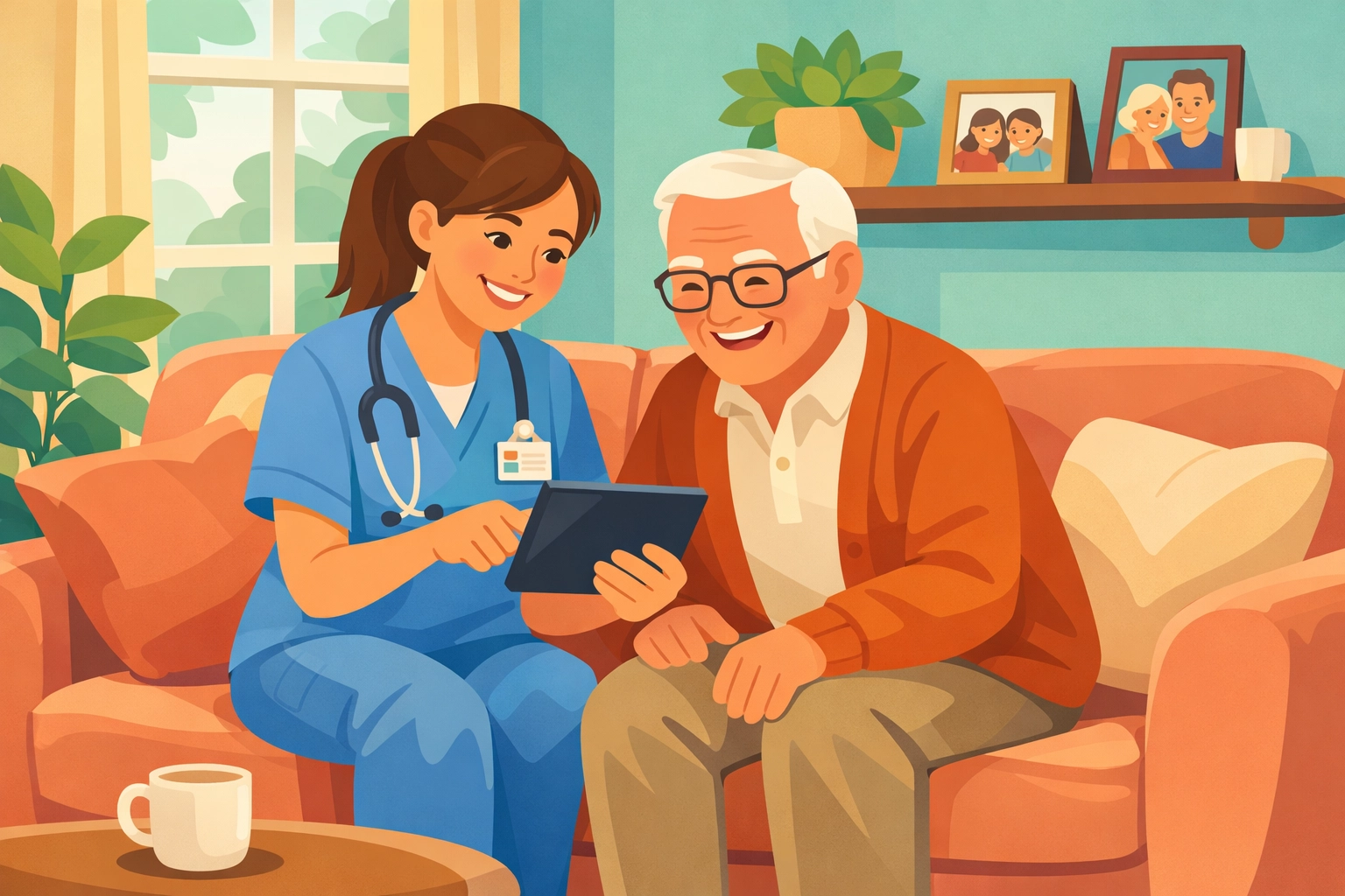 Home care nurse assisting senior with Medicaid coverage review in GA