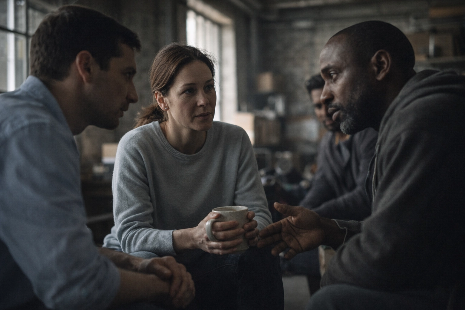 Two people connecting in a peer support group, choosing authentic lived experience over clinical textbooks.