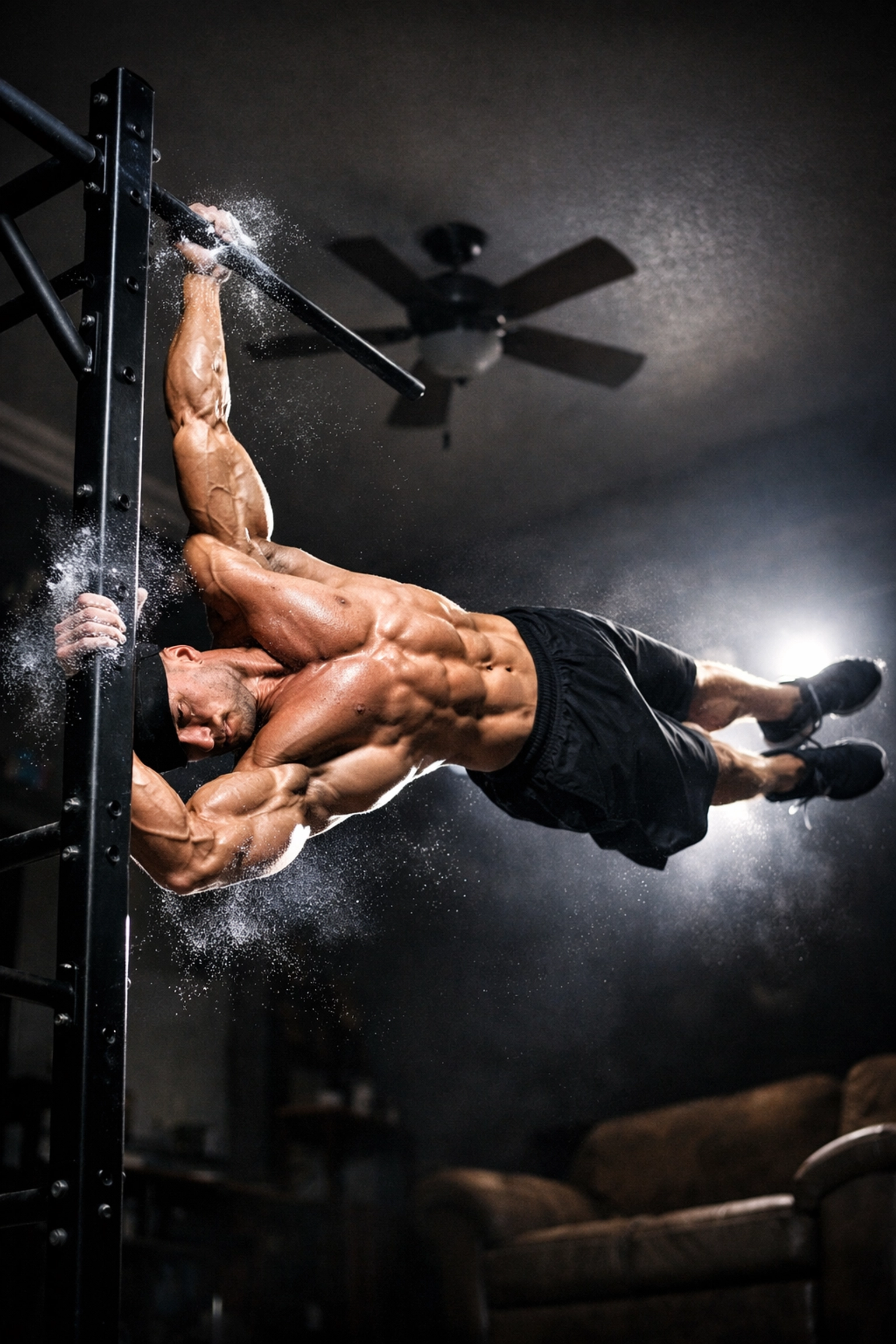 Athlete performing a human flag hold on professional home calisthenics equipment for bodyweight training.