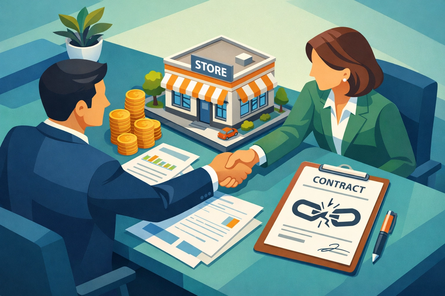 Business negotiation over commercial lease break clause terms and rental agreement