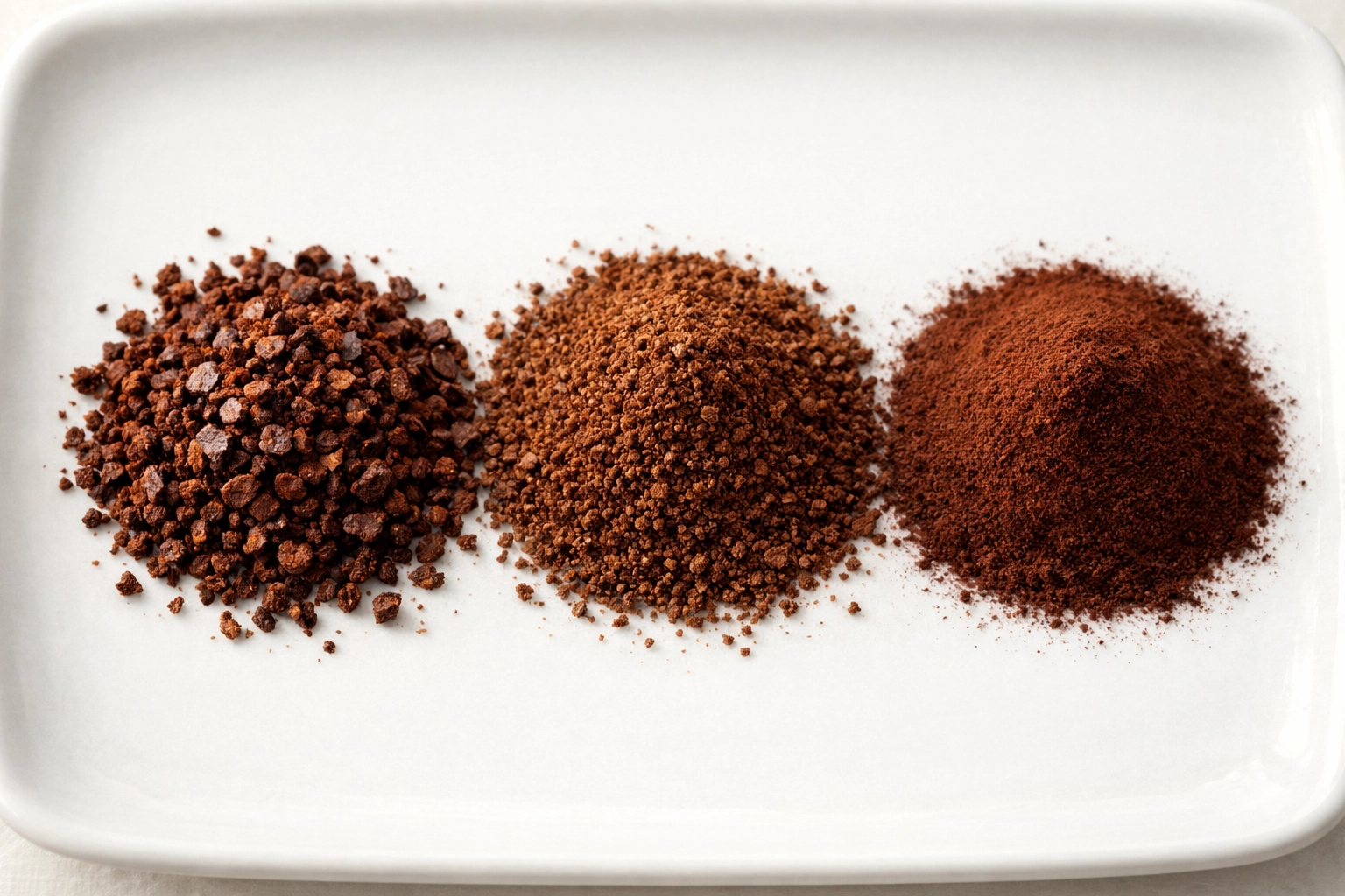 Comparison of coarse, medium, and fine coffee grounds for different home brewing methods.