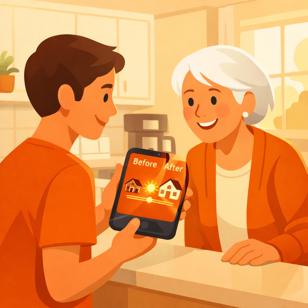 Happy customer showing a before and after photo app timeline to a neighbor for a referral.