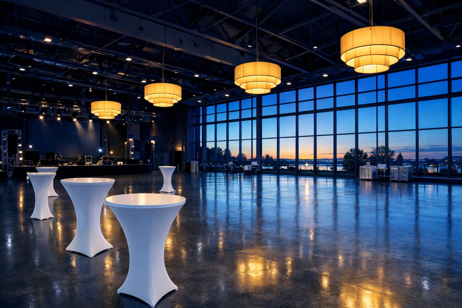Modern event hall with polished grey floors after professional post-event cleanup.