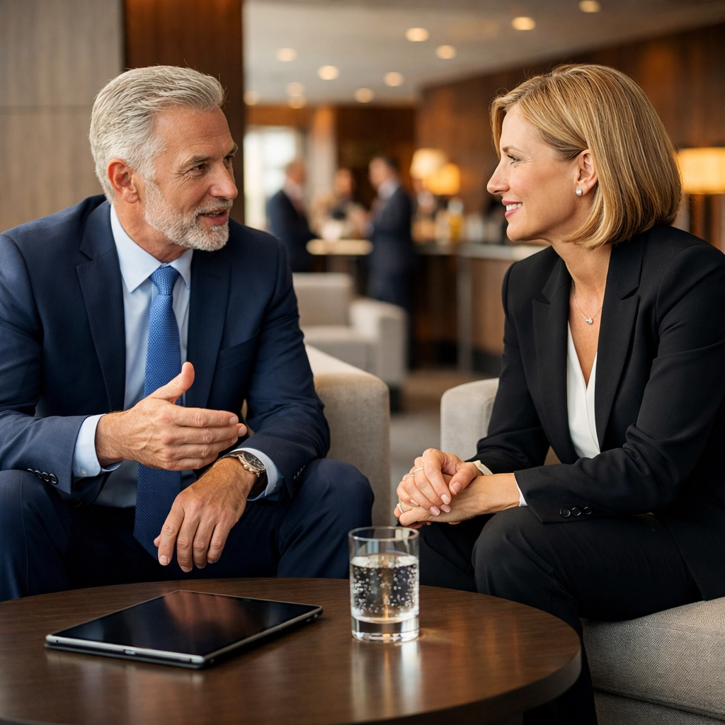 NEWSLETTER: 7 Mistakes You’re Making with Last-Minute Super Bowl Logistics (and How to Fix Them) Executives networking in a quiet corporate lounge during Super Bowl business events.