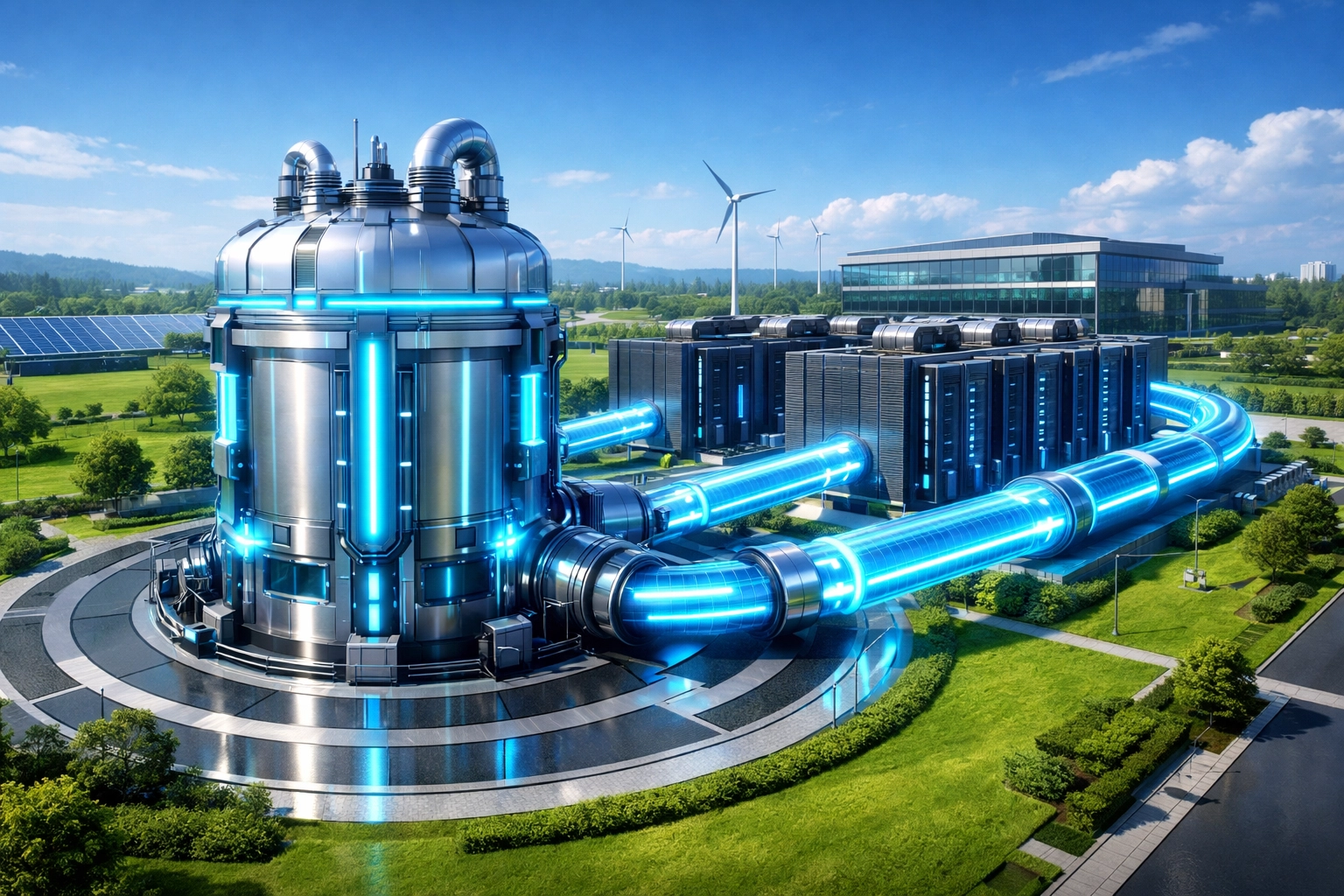Small Modular Reactor facility providing clean nuclear power to a high-security AI data center park.