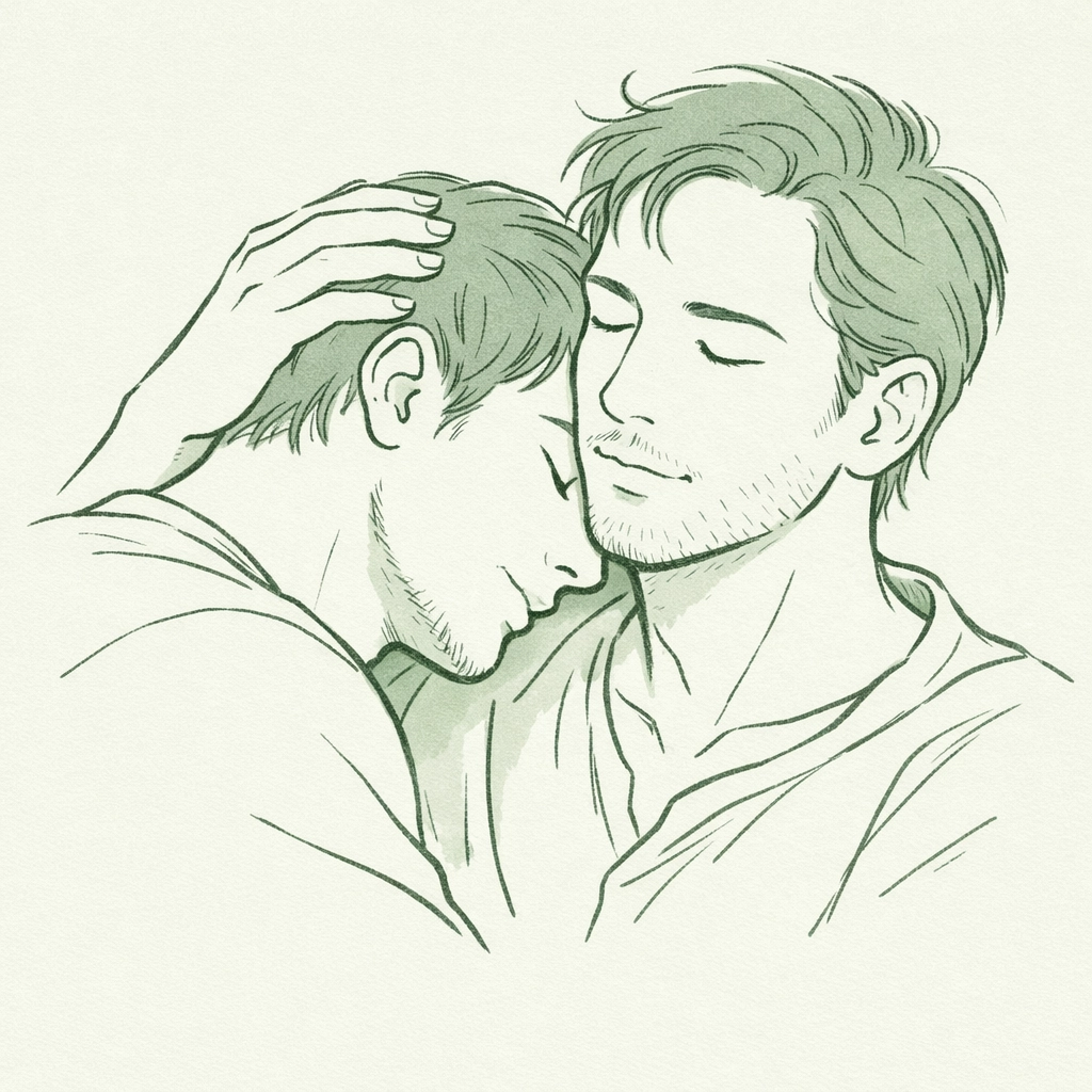 Two men in intimate nuzzle showing non-verbal MM romance communication and trust