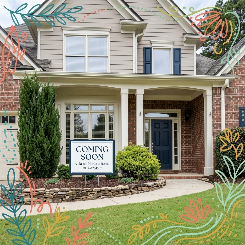 Traditional brick suburban home with a Coming Soon sign and colorful accents