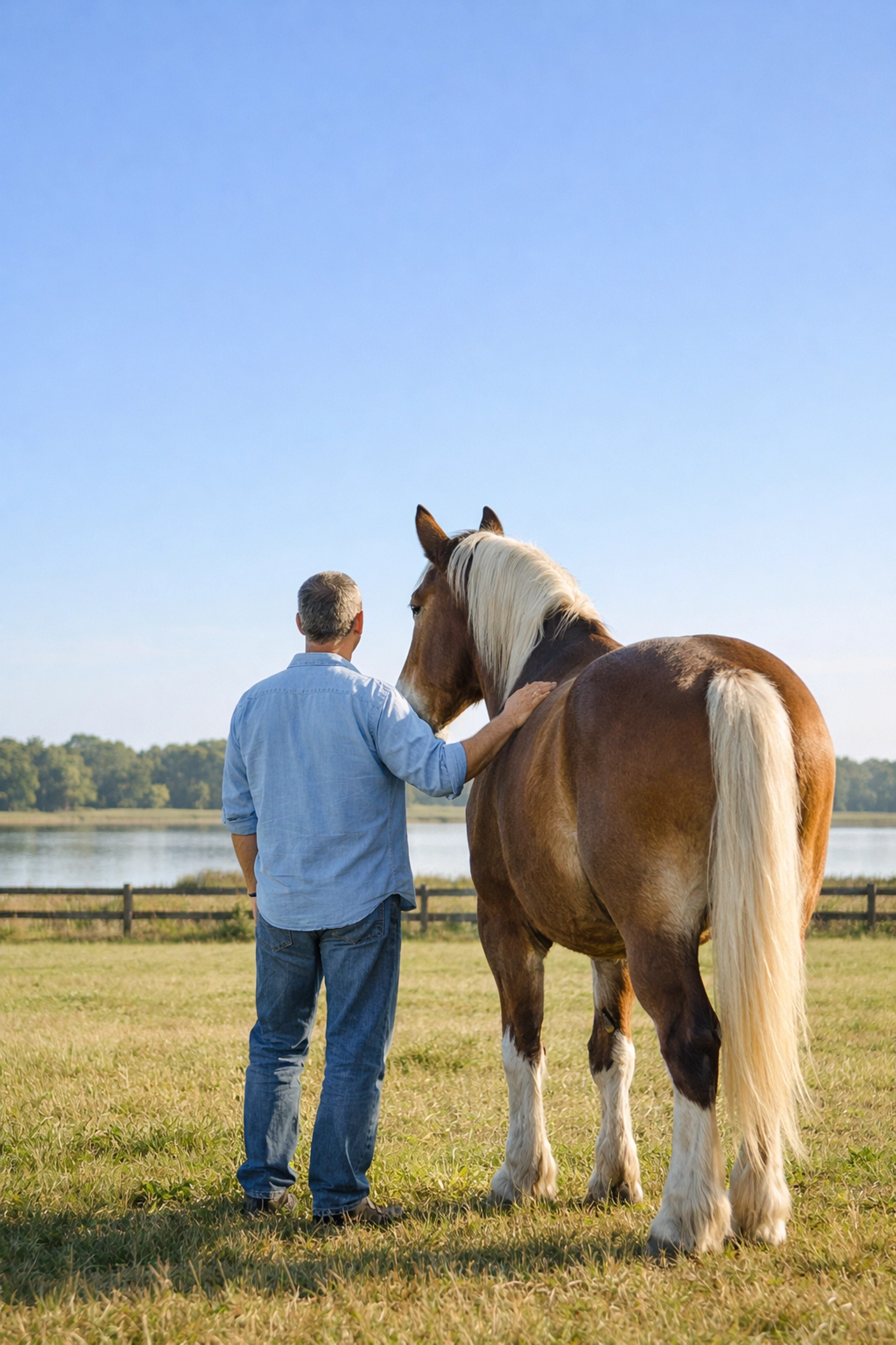 An adult standing with a horse in Lake Nona, practicing presence and anxiety therapy in Orlando.