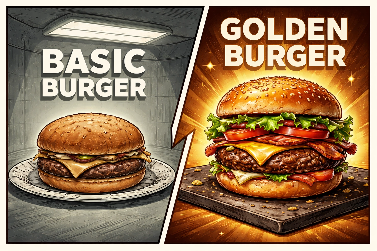 Side-by-side comparison of a basic burger versus a premium golden burger illustrating restaurant pricing strategy