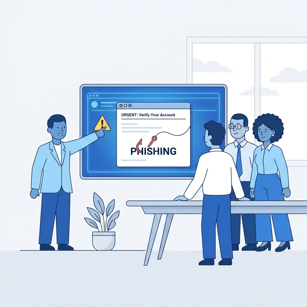 Illustration of a diverse team learning about phishing prevention, emphasizing password security awareness training