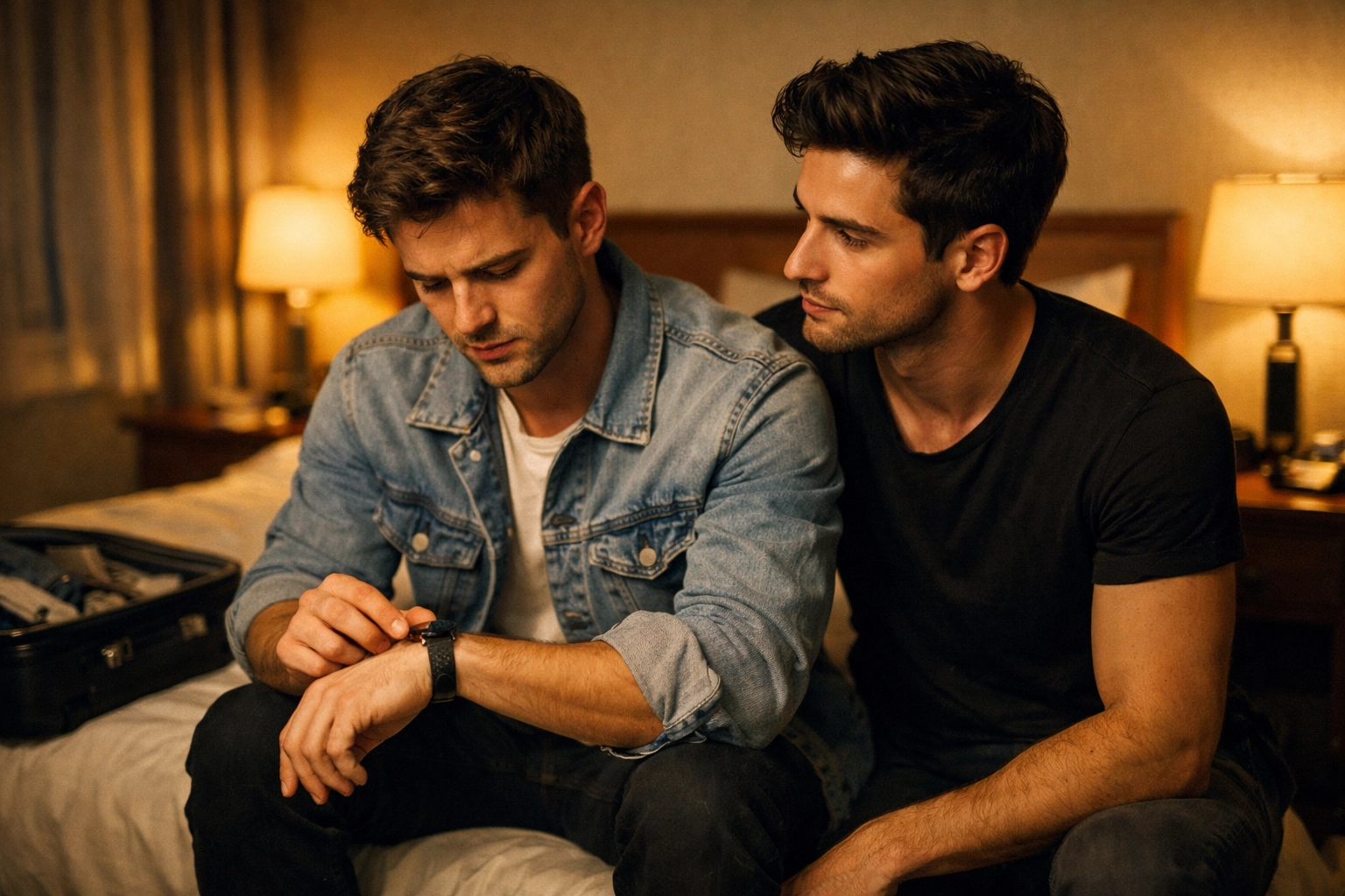 Two men sitting on a hotel bed illustrating the forced proximity trope in MM fake dating romance.