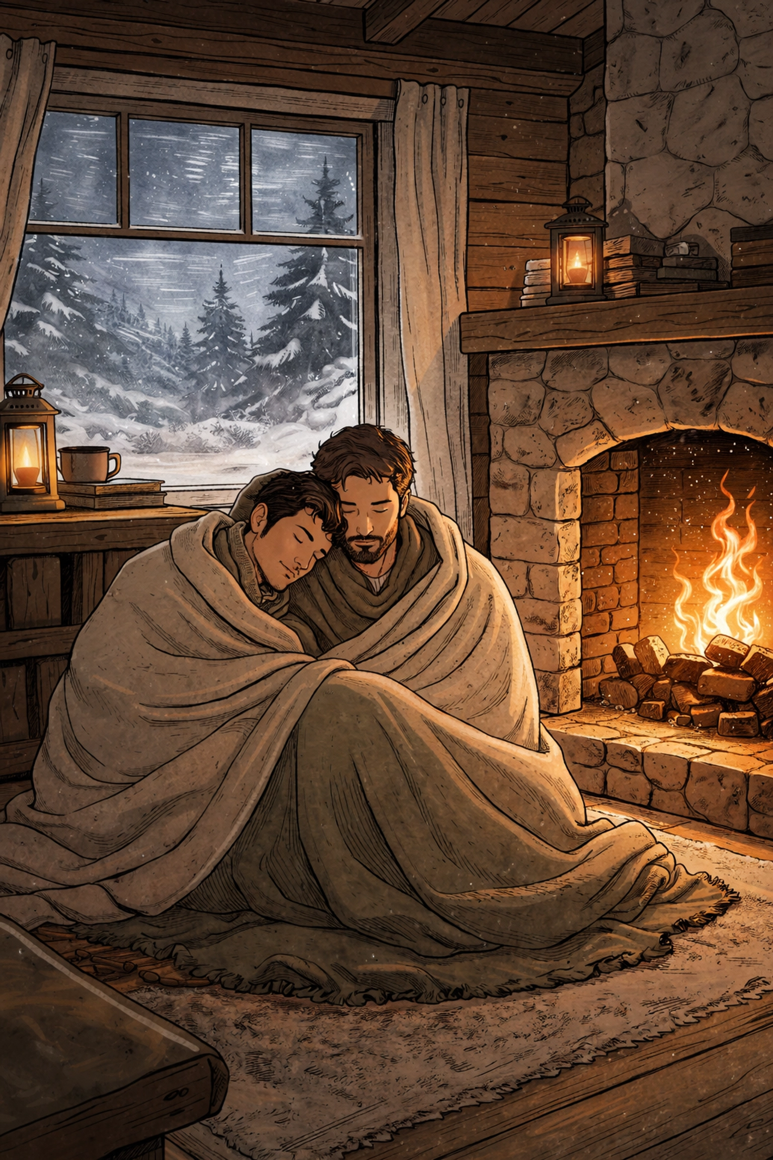 Gay couple sitting together by a warm fireplace during a blizzard, symbolizing intimacy in MM romance.