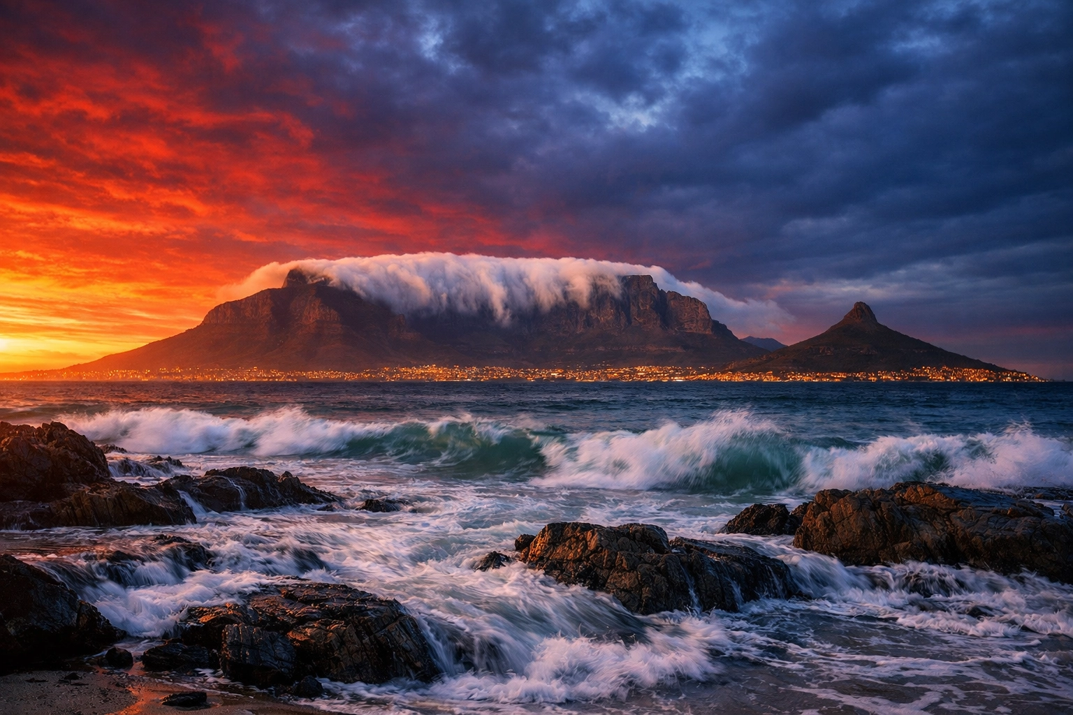 Table Mountain with 'tablecloth' clouds at sunset, a must-visit photo spot in Cape Town for 2026.