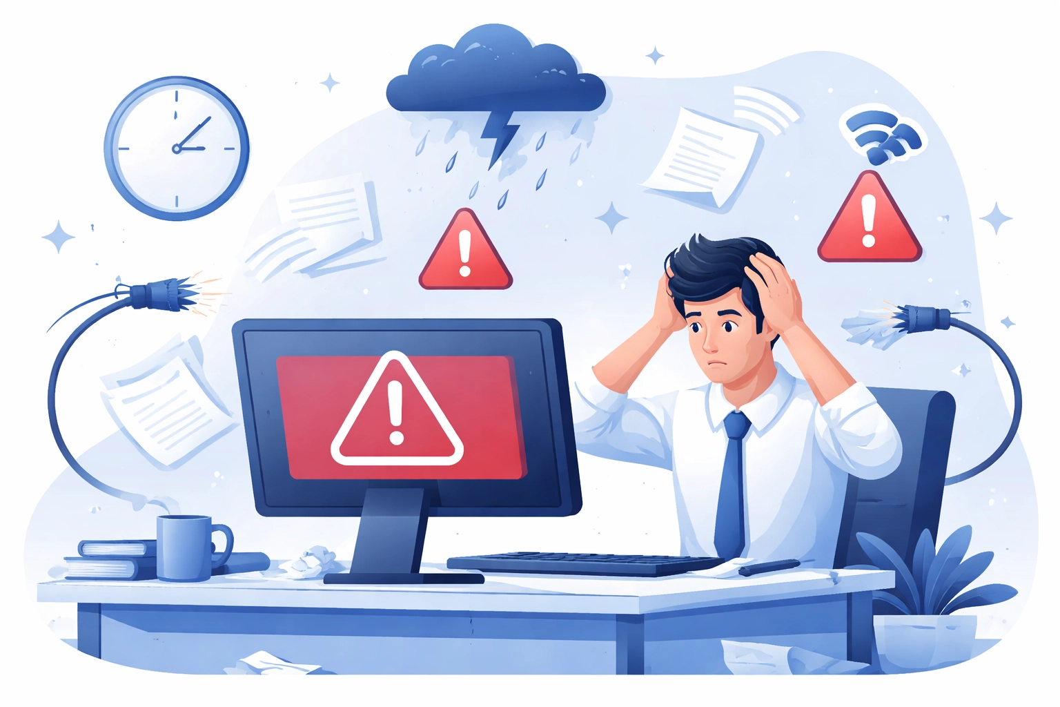 Frustrated office worker at desk facing IT errors, highlighting costly downtime without managed IT support