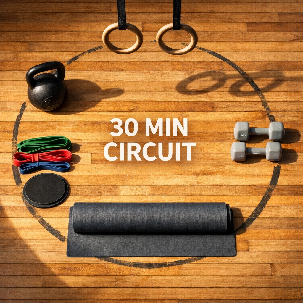 Home gym circuit training equipment layout with kettlebell, bands, and rings
