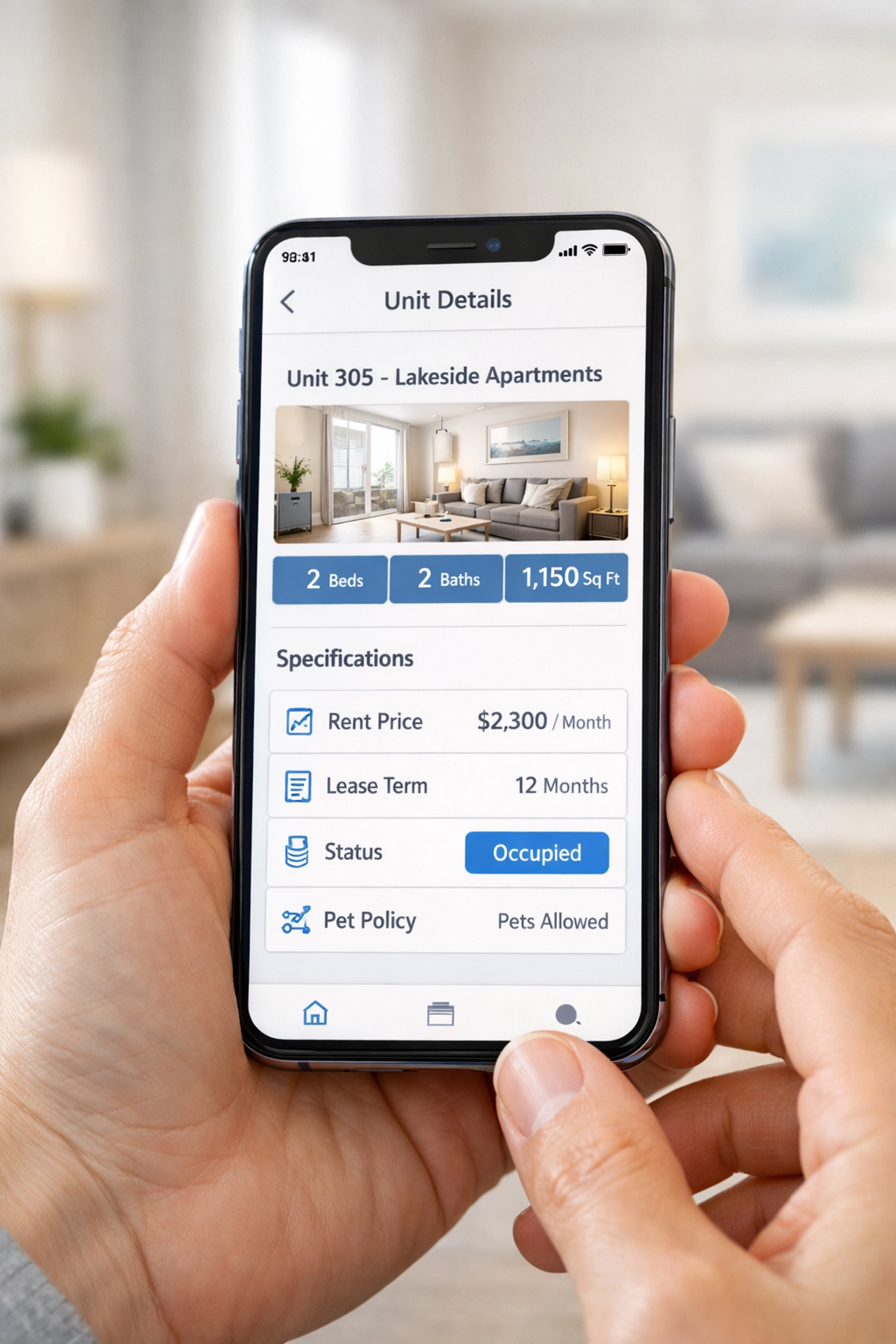 Property management app displaying digital unit profile on smartphone in apartment