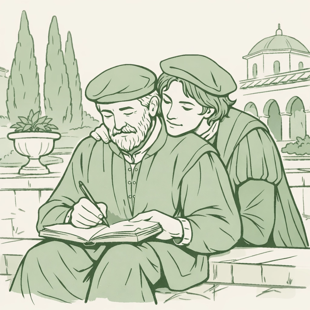 Michelangelo and Tommaso dei Cavalieri writing love sonnets in Italian garden