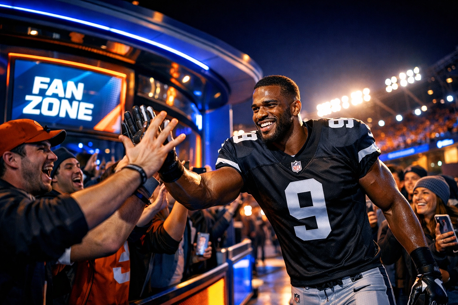 Professional athlete interacting with fans at a high-tech Super Bowl marketing activation zone.
