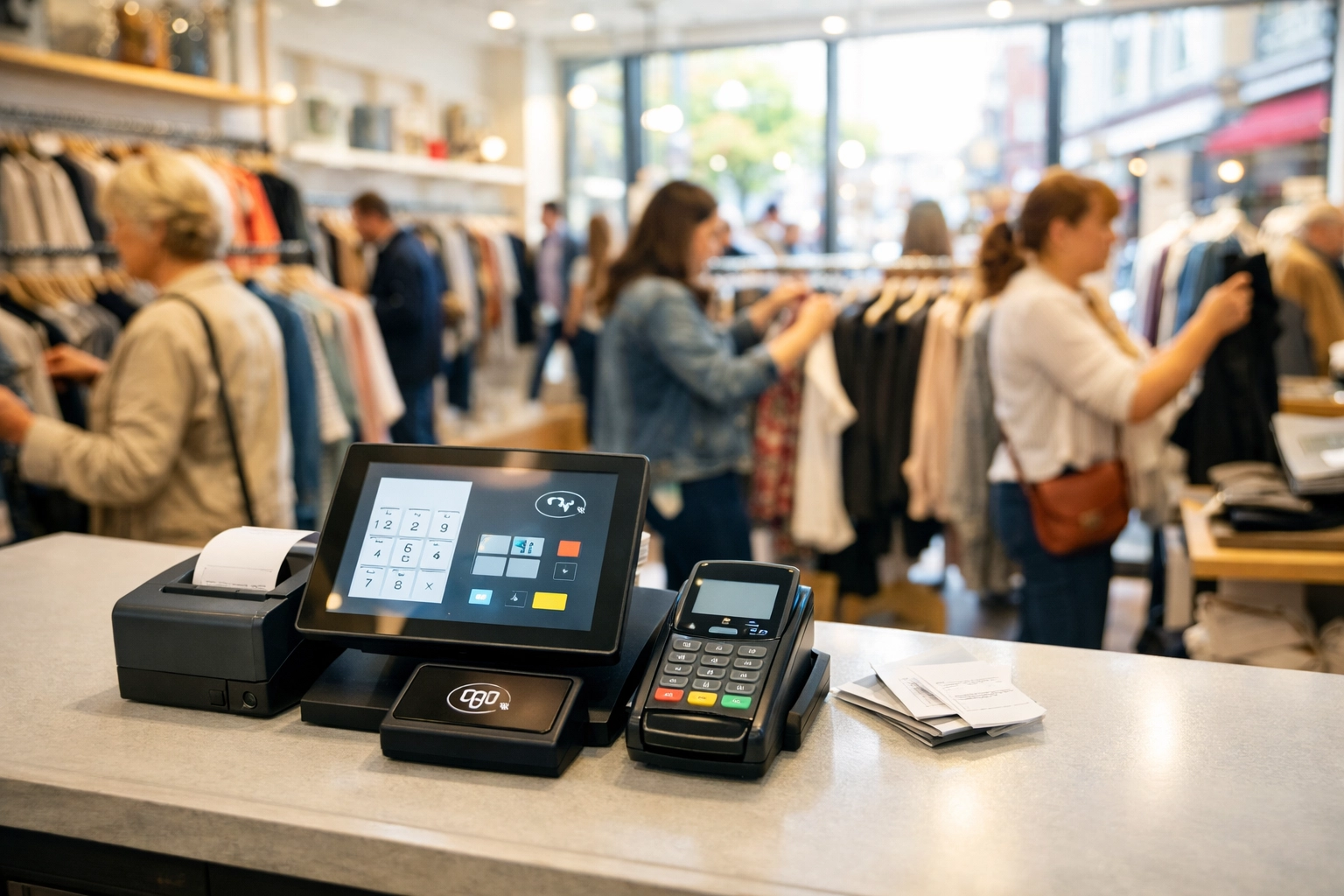Busy UK high street boutique with retail POS terminal during peak shopping hours