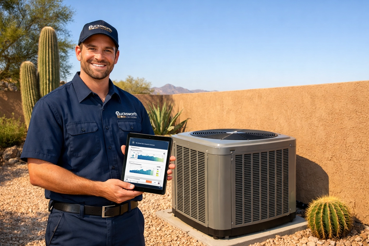 Bucksworth Home Services technician using diagnostic tools for expert AC repair in Tempe AZ.