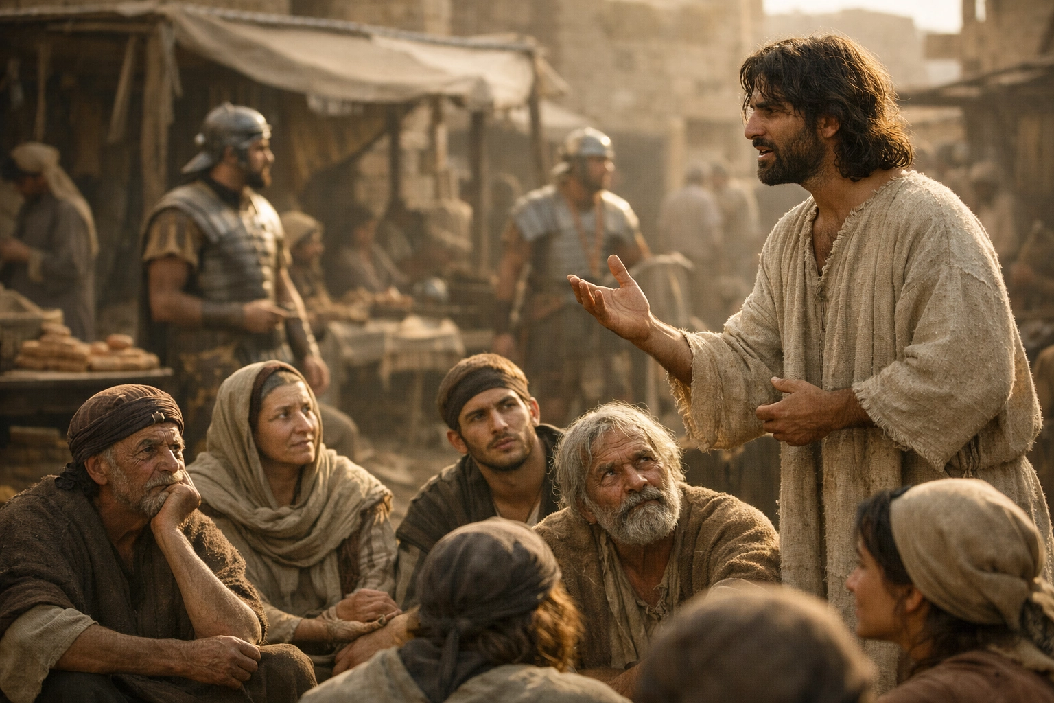 First-century Judea marketplace scene with a teacher speaking to a small crowd under subtle Roman presence, warm dusty cinematic light