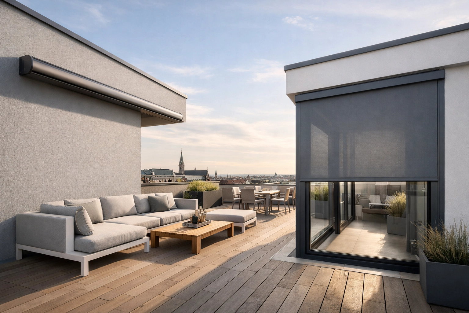 Kombination aus moderner Markise Wien und einem Zip Screen an einer Wiener Dachterrasse für optimales Klima.